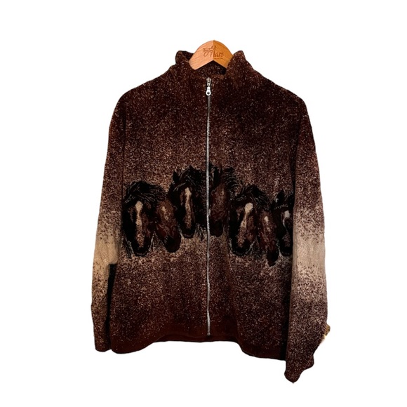 S.K. Sportswear Full Zip Fleece Sweater Mock Neck Brown Horse Themed Large - Picture 7 of 7